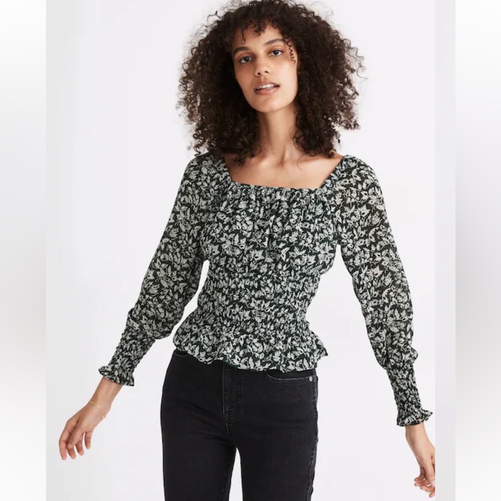Madewell Georgette Square-Neck Smock-Waist Top in Forest Leaves Size S